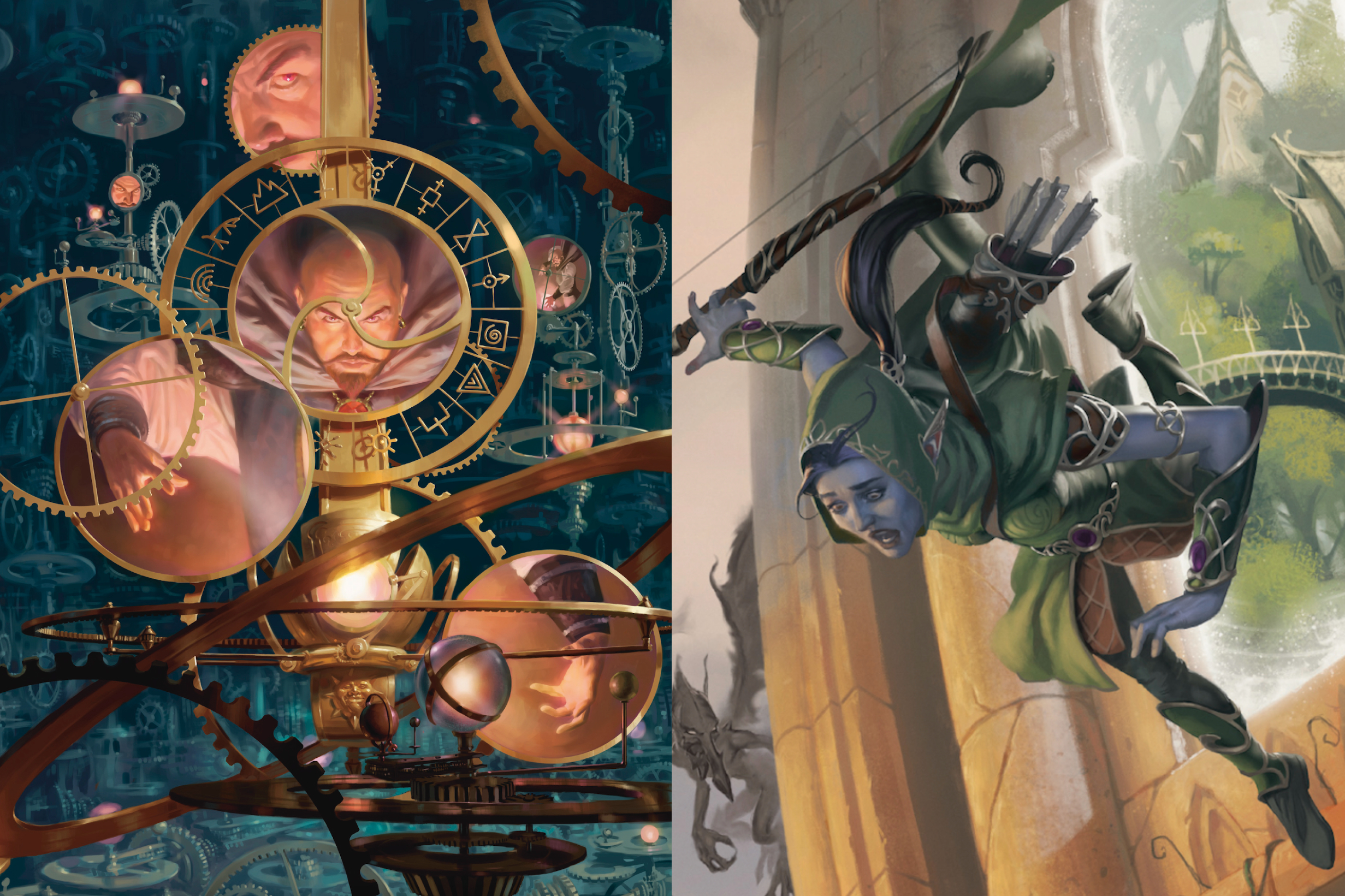 Two pieces of art from the Worlds &amp; Realms book side by side. The left is an image of the archmage Mordenkainen and the right is a ranger falling through a portal.
