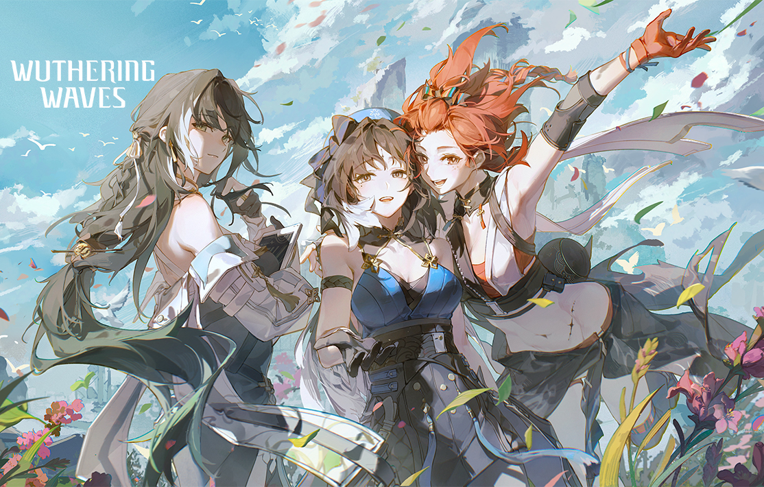 Three characters stand in front of clouds in key art for Wuthering Waves