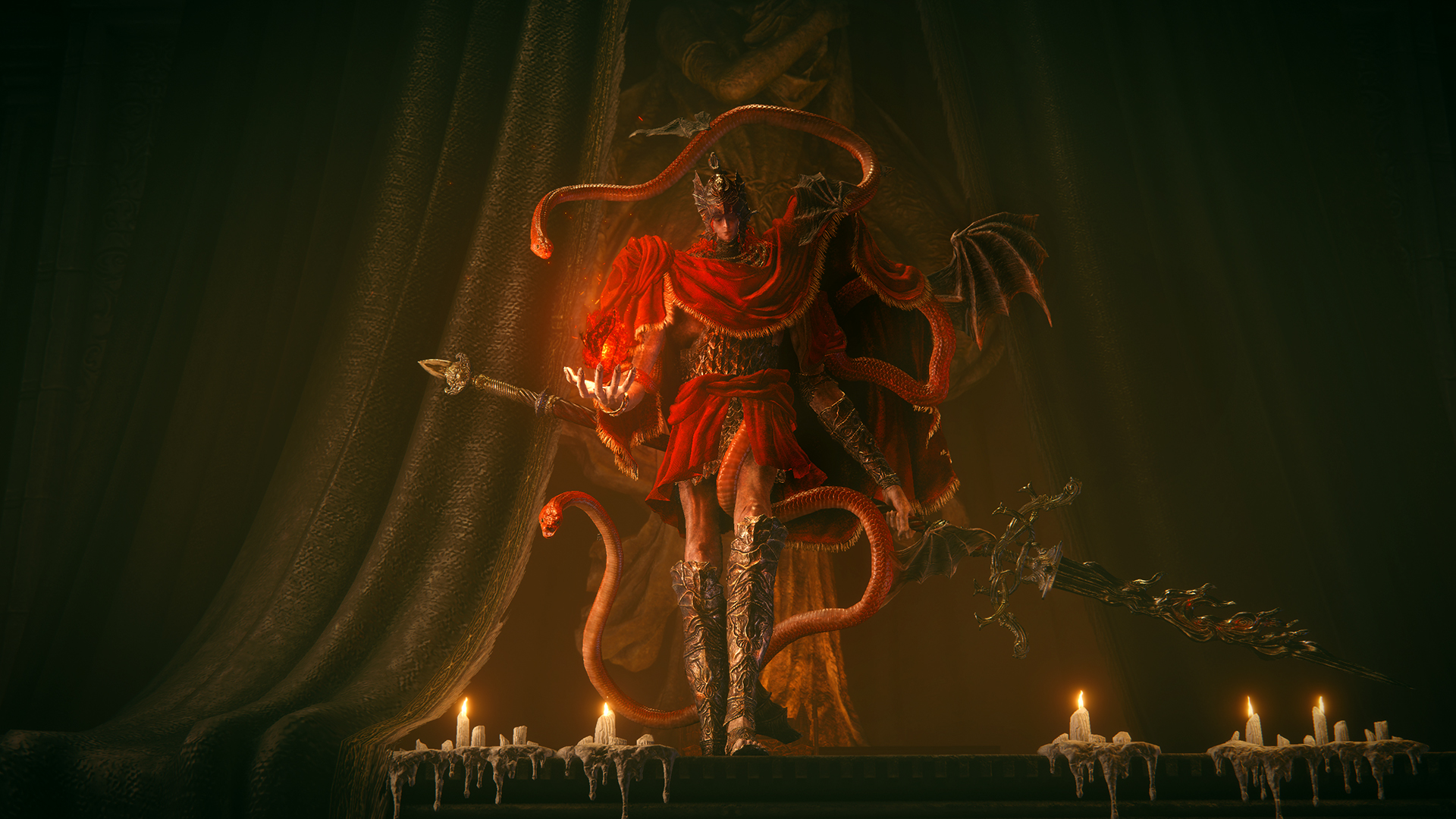 Messmer the Impaler from Elden Ring: Shadow of the Erdtree stands atop an altar covered in melted candle wax, holding a ball of flame in his hand and surrounded by snakes