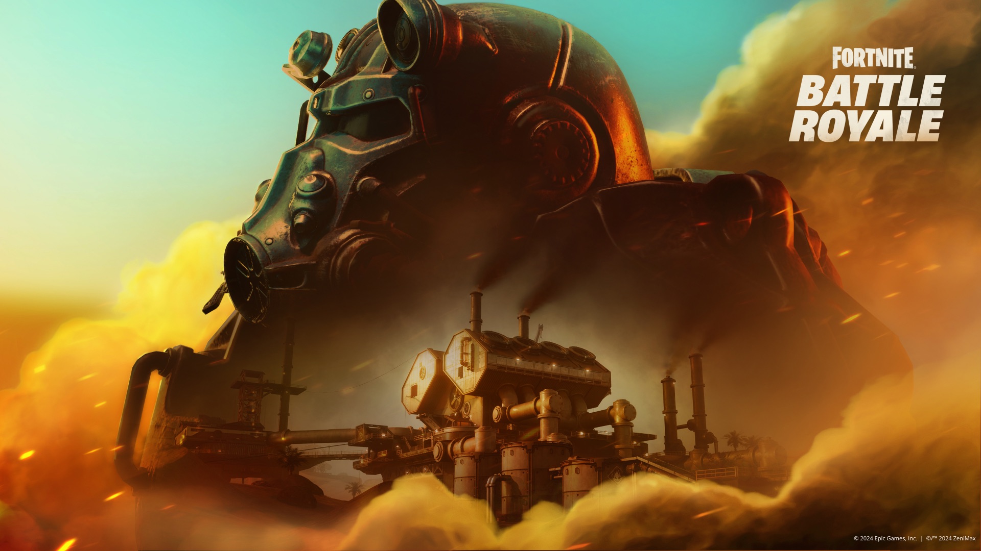 A power armor helmet from Fallout looms over a steam engine in key art for Fortnite Chapter 5 Season 3.