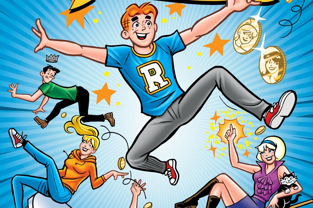 Various Archie comics characters leap through the air cheerfully, with Archie front and center, on the cover of Archie: The Decision. 