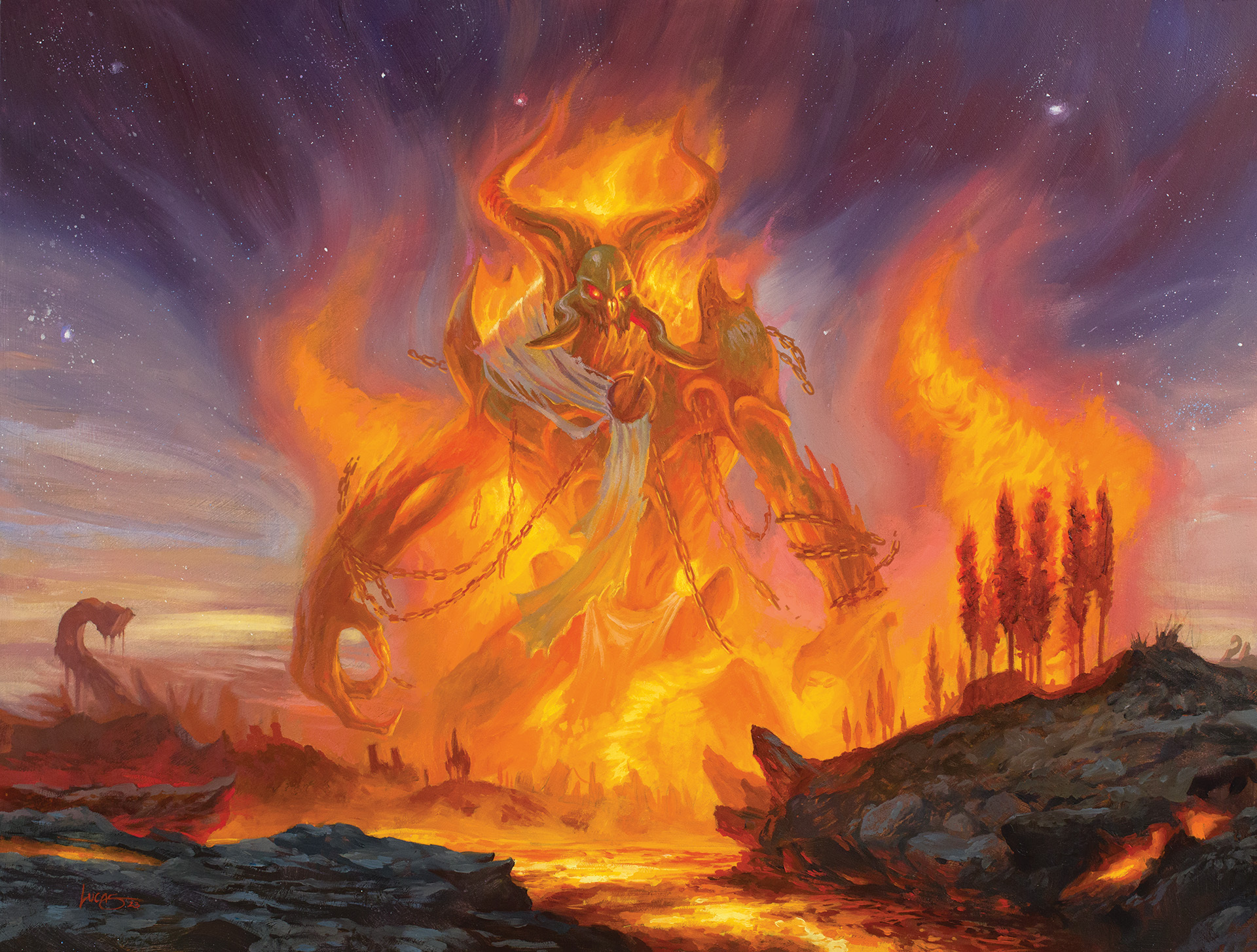 Phlage, Titan of Fire’s Fury features a giant demon with horns rising above a forest fire. Trees burn in the foreground.