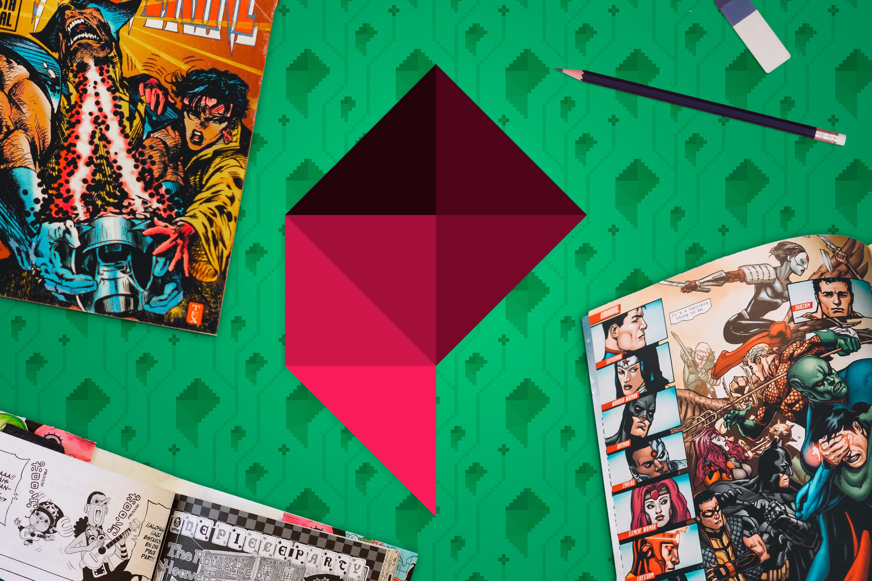 The Polygon logo against a green background, with comics and a pencil around it
