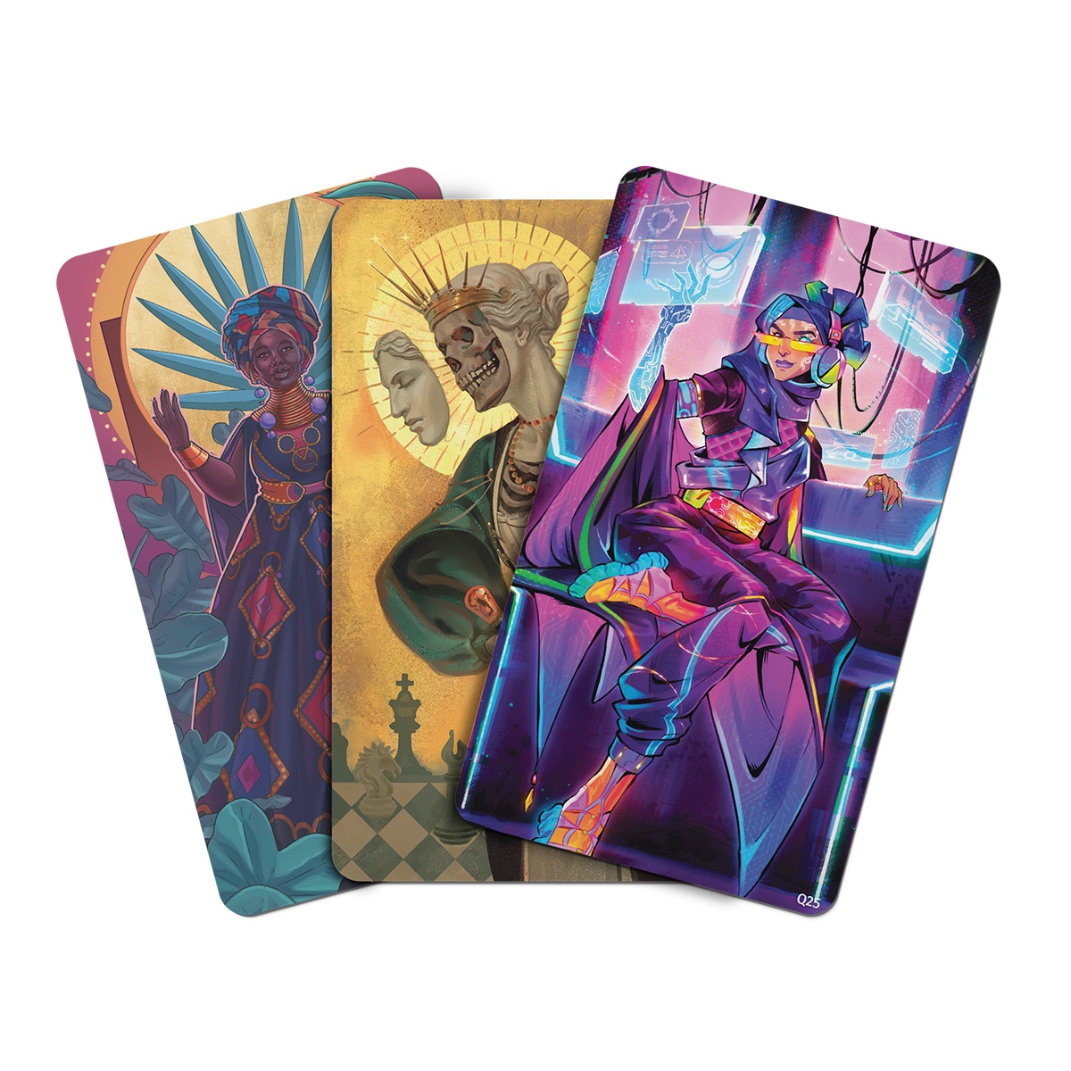 A fanned display of three second-edition queen illustration cards from Alex Roberts’ indie card-based RPG For the Queen. The cards depict (from right to left) a cyberpunk queen surrounded by floating, translucent screens; a religious-figure queen with a skull face, crown, and halo; and a queen on a throne with a stylized blue sunburst behind her