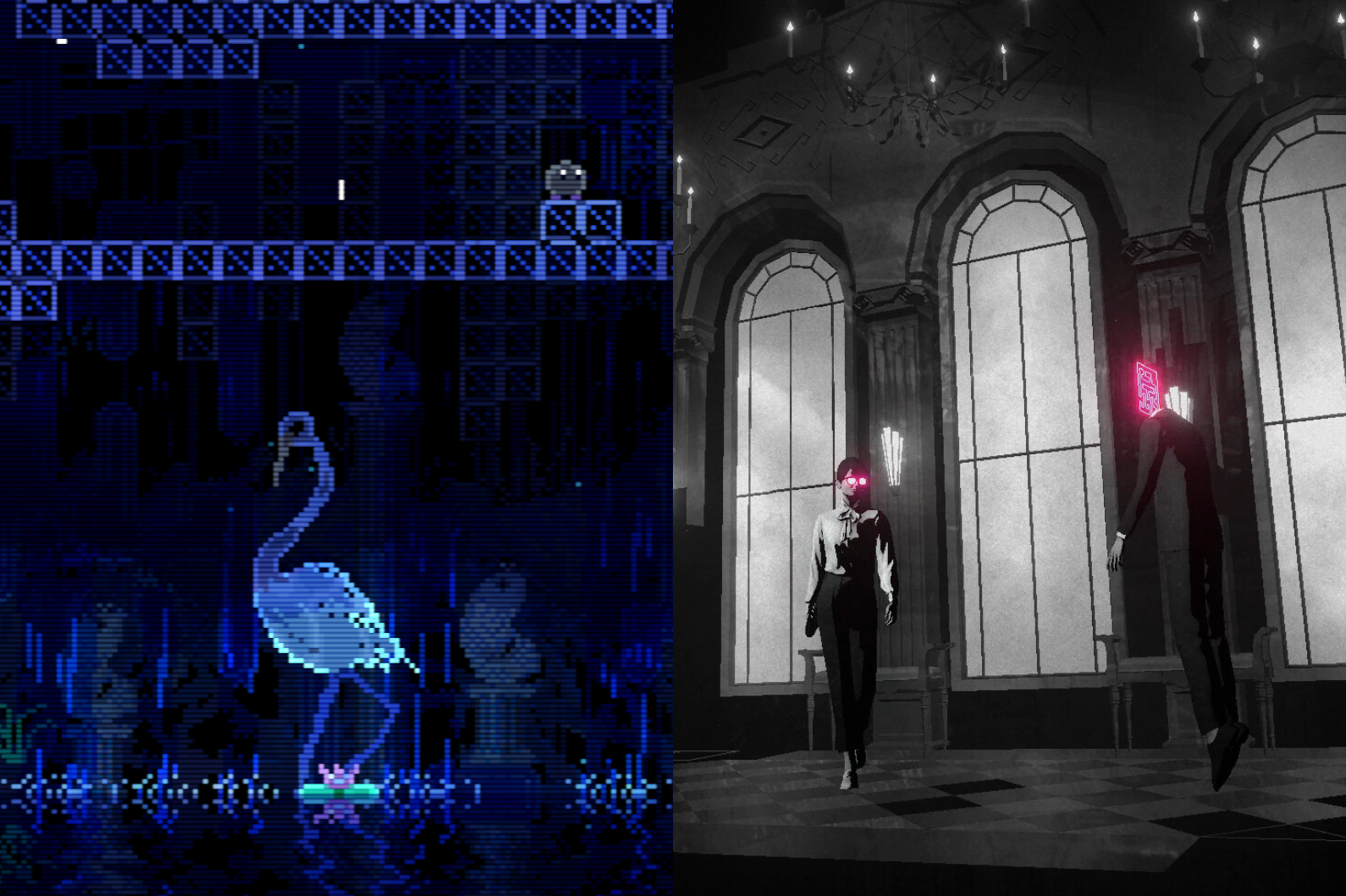 Two screenshots side-by-side: One of a crane in Animal Well, and one of a creepy black-and-white corridor in Lorelei and the Laser Eyes, with two people staring at each other. One of the people has glowing pink eyes, the other has a puzzle for a head.