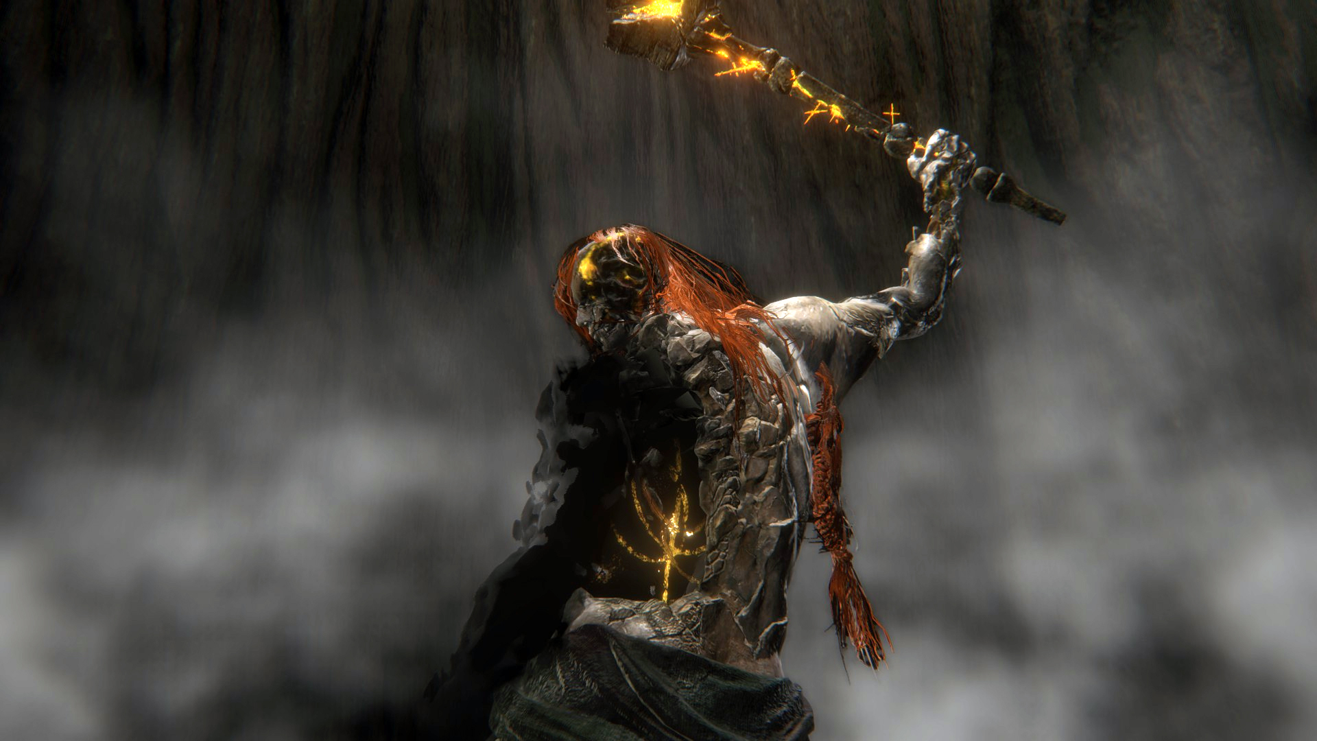 Radagon of the Golden Order&nbsp;holds aloft his weapon as he looks over his left shoulder in a screenshot from Elden Ring