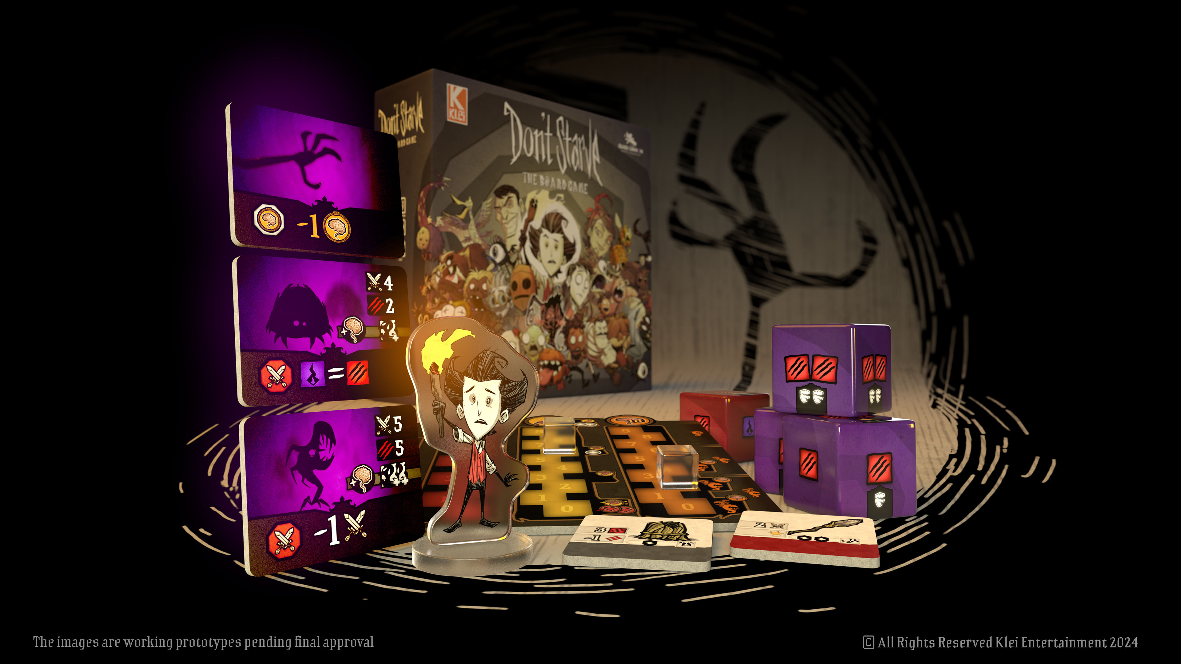 Wilson, the main character from Don’t Starve, rendered as a 2D acrylic standee for a render of the early prototype of Don’t Starve: The Board Game.