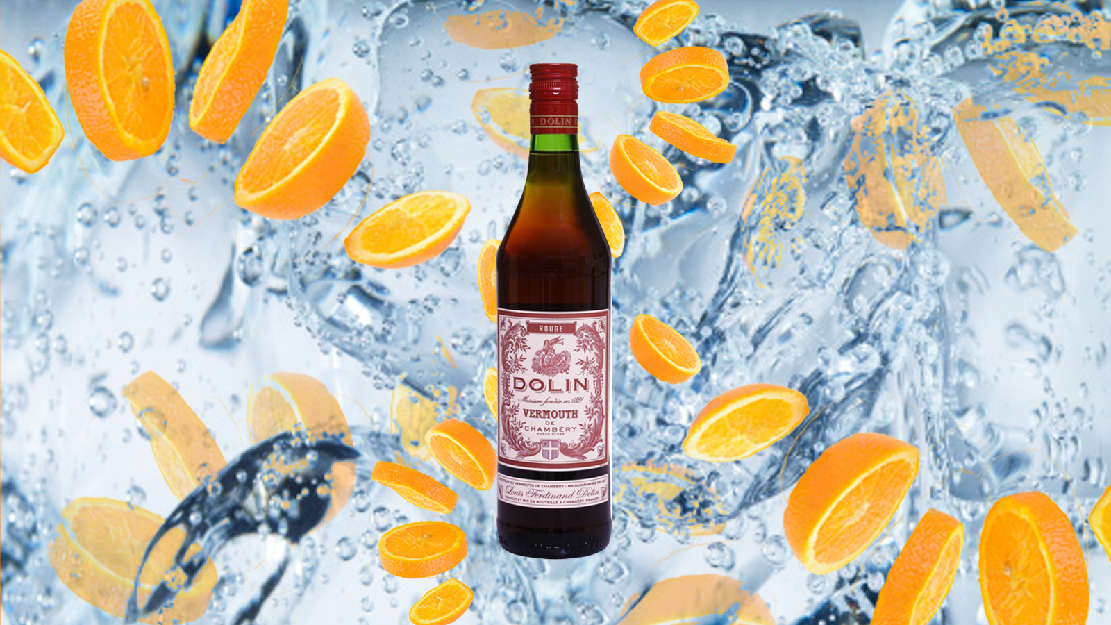 A photo illustration displays a bottle of Dolin red vermouth juxtaposed against a close-up shot of tonic water and ice cubes, with orange slices arranged in a psychedelic spiral pattern. 
