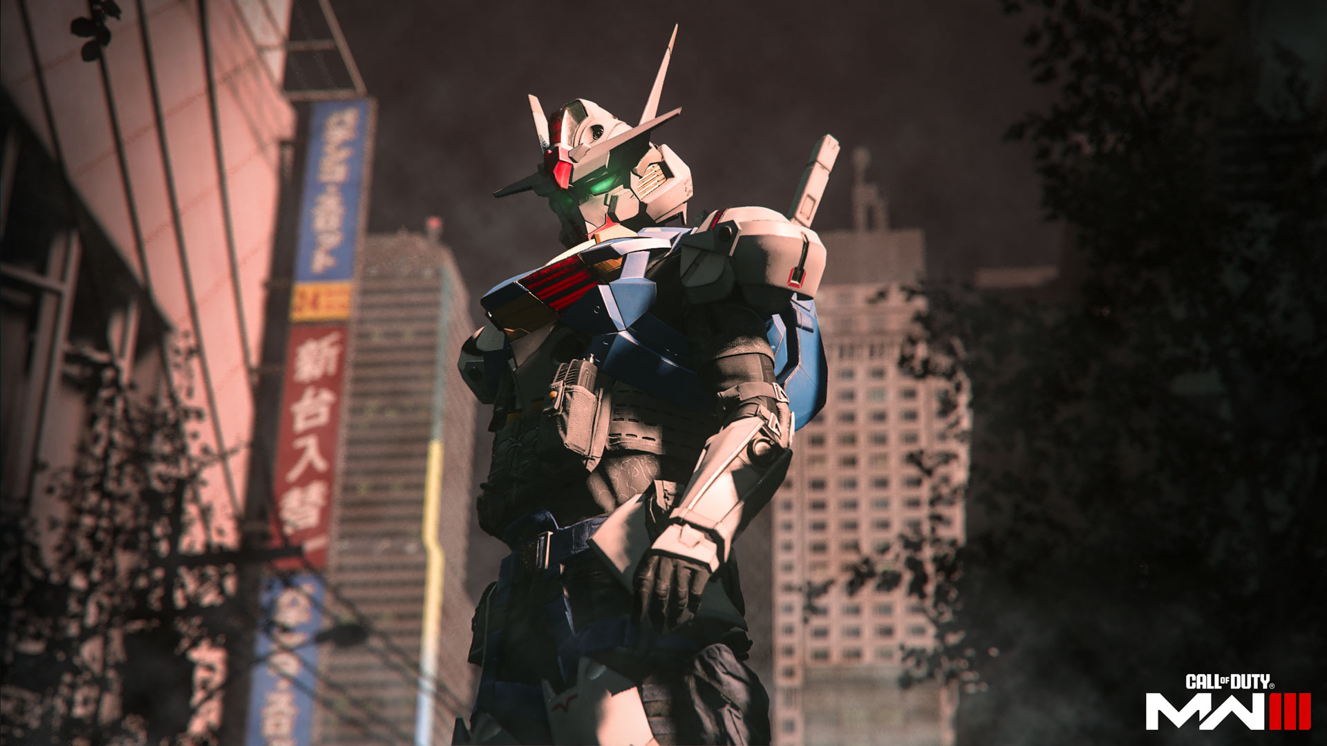 A Gundam stands in a city that bears a resemblance to Tokyo in key art for MW3 season 4.