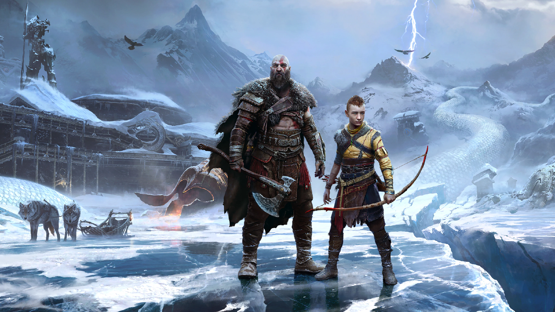 Kratos and Atreus stand on an ice shelf in artwork from God of War Ragnarok