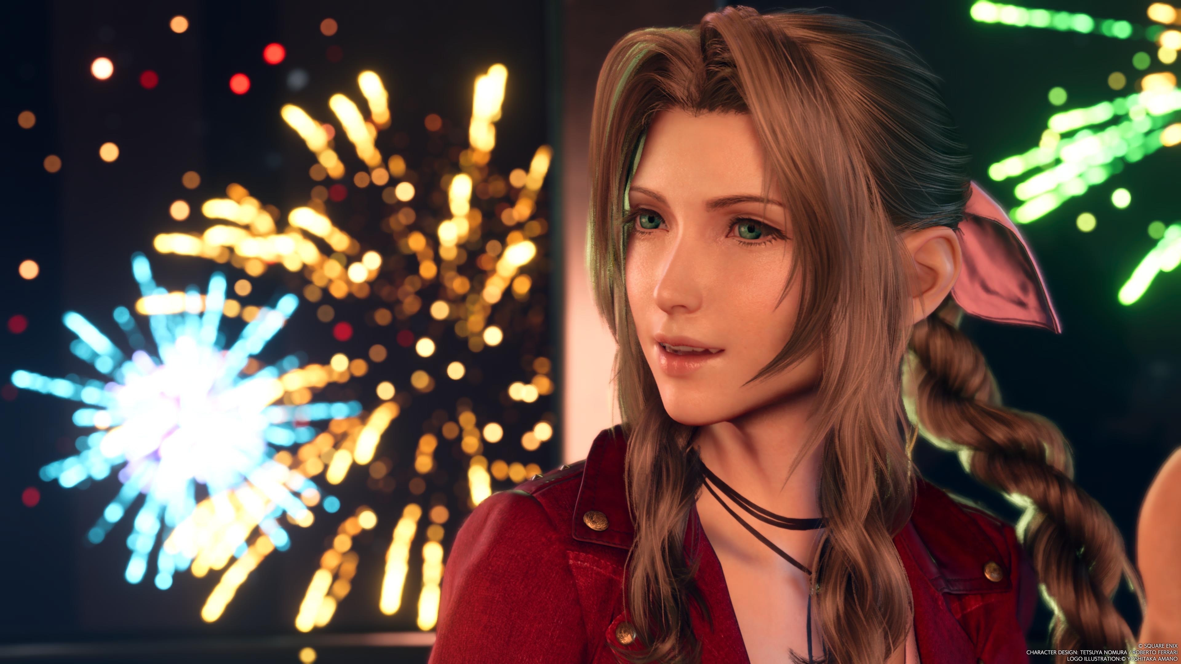 Aerith smiling gently, backlit by the fireworks display at the Gold Saucer in FF7 Rebirth