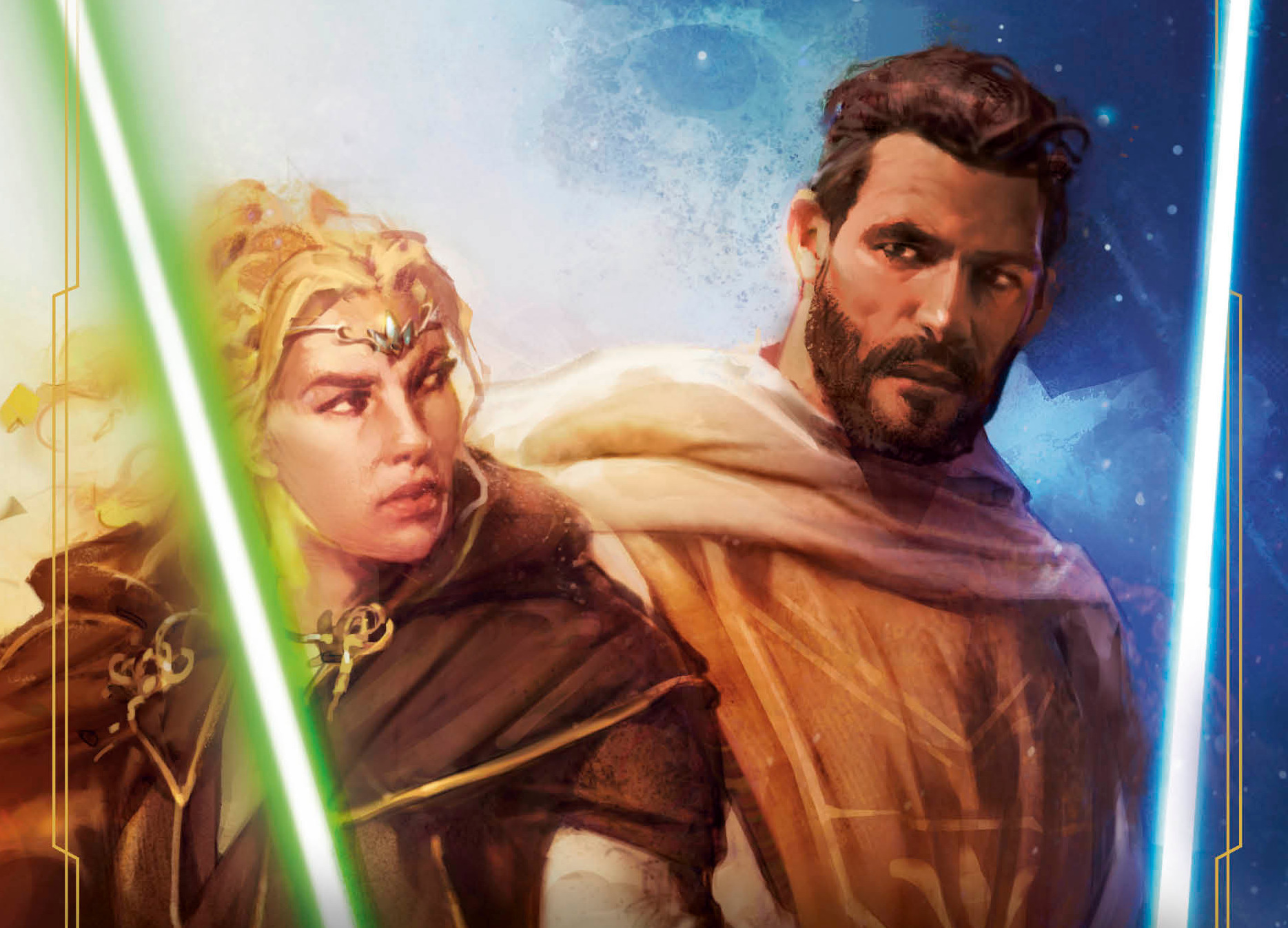 A close up of two Jedi, a blonde woman with a green lightsaber and a bearded brown-haired man with a blue lightsaber, from Star Wars: The High Republic: Temptation of the Force.