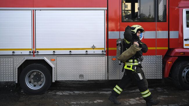 Сотрудник противопожарной службы МЧС России на месте пожара. Архивное фото