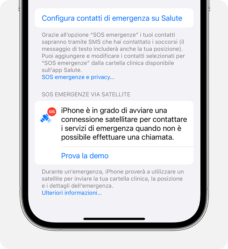 Nelle impostazioni di iPhone, prova la demo di “SOS emergenze” tramite satellite per esercitarti a connetterti a un satellite.