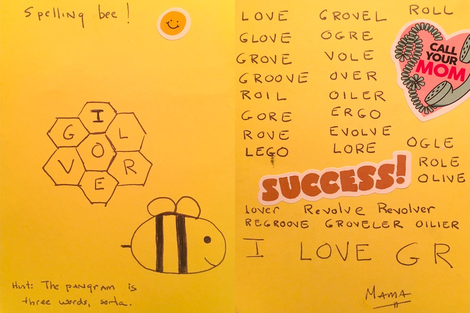 A homemade version of the NYT Spelling Bee, drawn on paper with the shapes and the words, along with a bee.