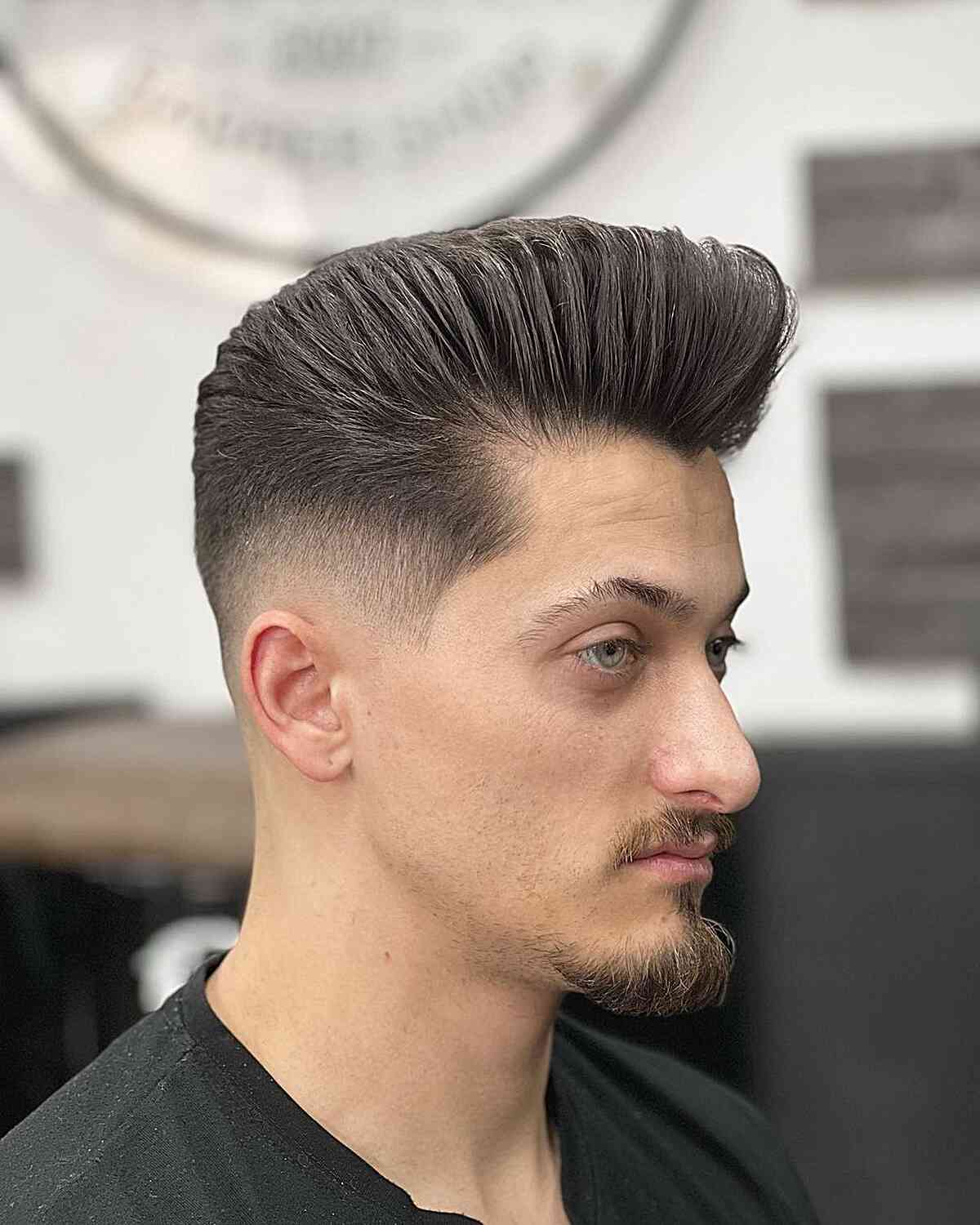 Brushed-Up Pomp Style with Short Sides and Shaved Nape for Men