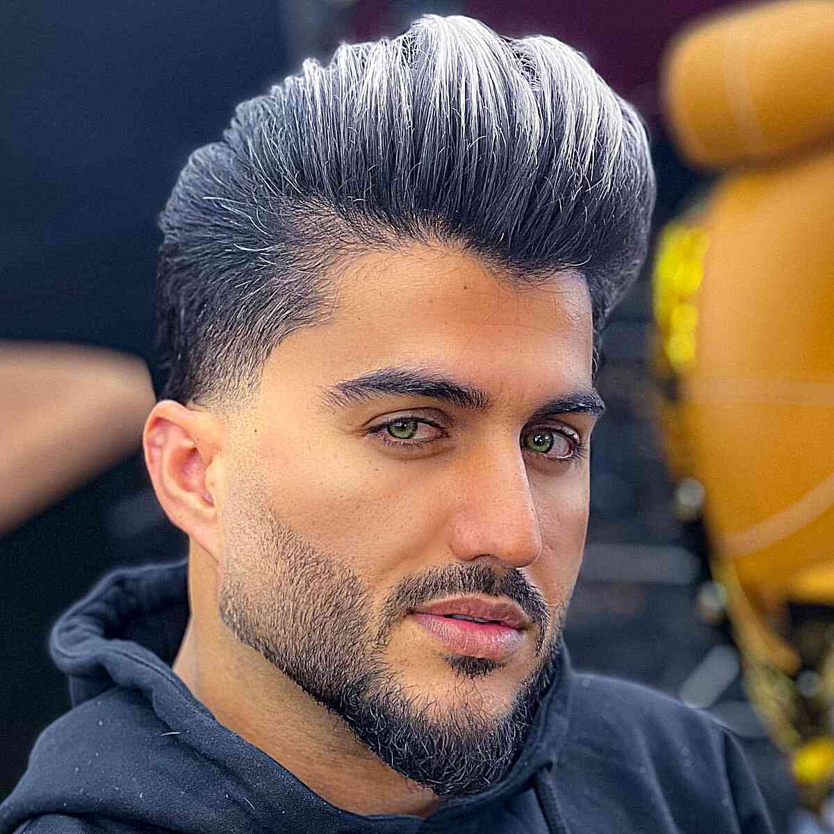 Silver Fox Pomp with a Fade for Men with thick hair and a beard