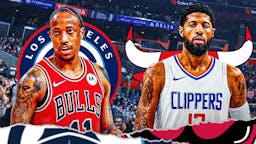 Clippers' Paul George stands next to Bulls' DeMar DeRozan ahead of free agency