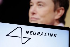 Illustration shows Neuralink logo and Elon Musk photo