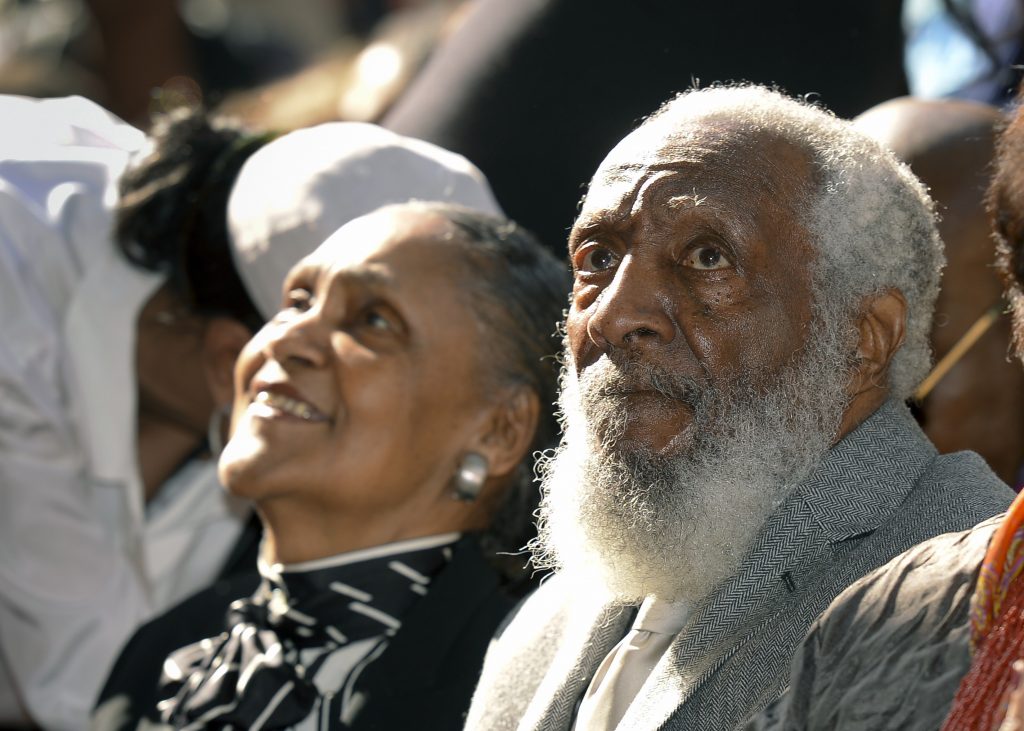 Comedian Dick Gregory and wife Lillian look on as he is honored during his dedication for his star on Star on the Hollywood Walk of Fame in Los Angeles