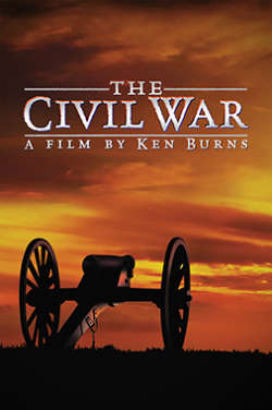 A color poster for the film "The Civil War." It depicts a civil war cannon looking out over a dramatic orange and yellow sunset.