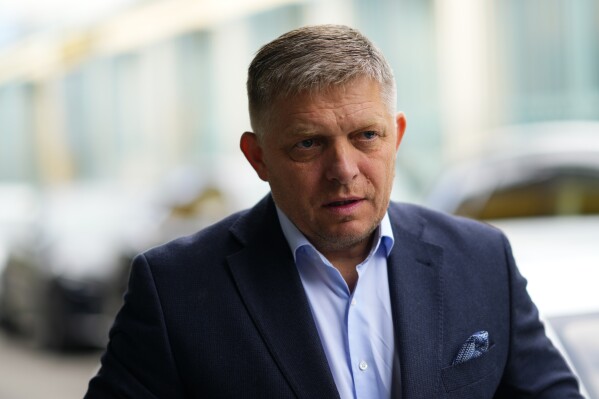 FILE - Chairman of SMER-Social Democracy party Robert Fico arrives at his party's headquarters in Bratislava, Slovakia, Sunday, Oct. 1, 2023 the day after an early parliamentary election. Media reports on Wednesday, May 15, 2024 say Slovakia’s populist Prime Minister Robert Fico was injured in a shooting and taken to hospital. (AP Photo/Petr David Josek, File)