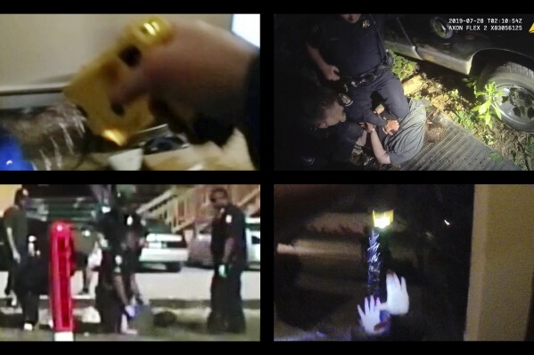 This combination of images from body-camera videos shows police encounters with, top row from left, Jeffrey Melvin in Colorado in 2018, Johnathan Binkley in Tennessee in 2019; bottom row from left, Bradford Macomber in Mississippi in 2016 and Samuel Celestin in Florida in 2019. (Colorado Springs Police Department, Knox County Sheriff's Office, Gulfport Police Department, Ocoee Police Department via AP)