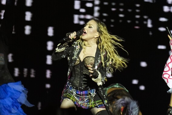 Madonna performs in the final show of her The Celebration Tour, on Copacabana Beach in Rio de Janeiro, Brazil, Saturday, May 4, 2024. (AP Photo/Silvia Izquierdo)