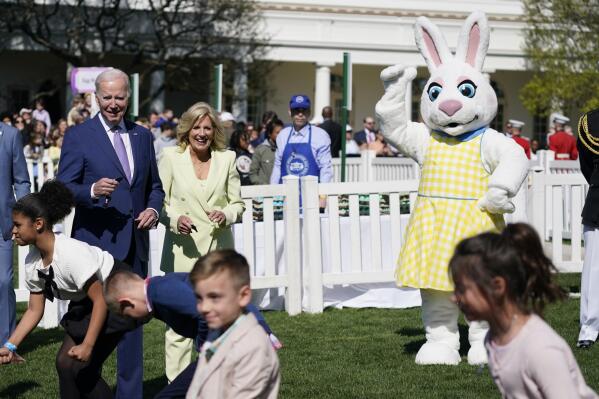 President Joe Biden and first lady Jill Biden participate in the 2023 White House Easter Egg Roll, Monday, April 10, 2023, in Washington. (AP Photo/Evan Vucci)