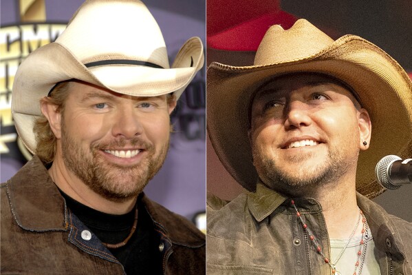 Toby Keith appears at the CMT Music Awards, in Nashville, Tenn., on April 14, 2008, left, and Jason Aldean appears at the Country Radio Seminar in Nashville, Tenn., on Feb. 29, 2024. Aldean will honor Toby Keith with a performance at the 2024 ACM Awards. (AP Photo)