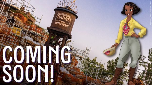 Tiana's Water Tower with an animated Tiana next to text saying "Coming Soon!"