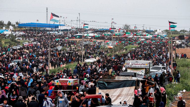 Israeli forces estimate up to 40,000 Palestinian protesters have assembled on the border