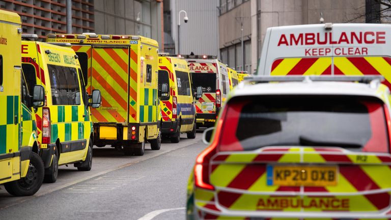 Ambulances outside the Royal London hospital in London after Prime Minister Boris Johnson ordered a new national lockdown for England which means people will only be able to leave their homes for limited reasons, with measures expected to stay in place until mid-February.