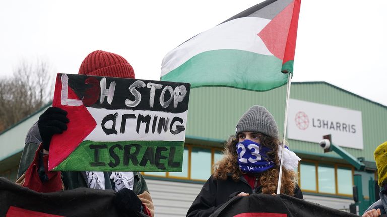 Protesters form a blockade outside L3Harris factory in Brighton 