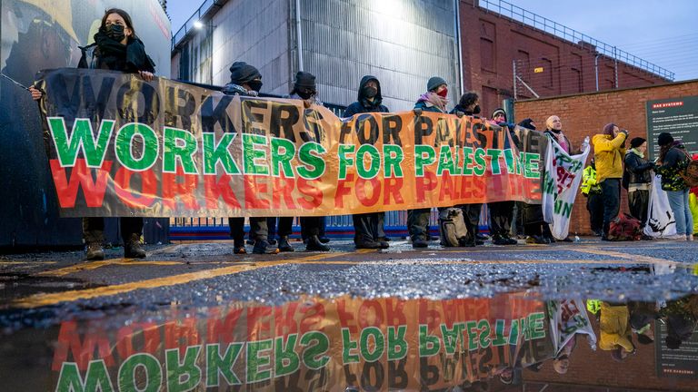 Protesters form a blockade outside BAE Systems in Govan near Glasgow, as part of the ongoing campaign against sending arms to Israel. Picture date: Thursday December 7, 2023. PA Photo. See PA story POLITICS Israel. Photo credit should read: Jane Barlow/PA Wire