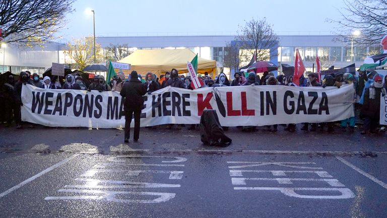 Protesters form a blockade outside Eaton mission systems in Wimborne near Bournemouth, as part of the ongoing campaign against sending arms to Israel. Picture date: Thursday December 7, 2023. PA Photo. See PA story POLITICS Israel. Photo credit should read: Andrew Matthews/PA Wire