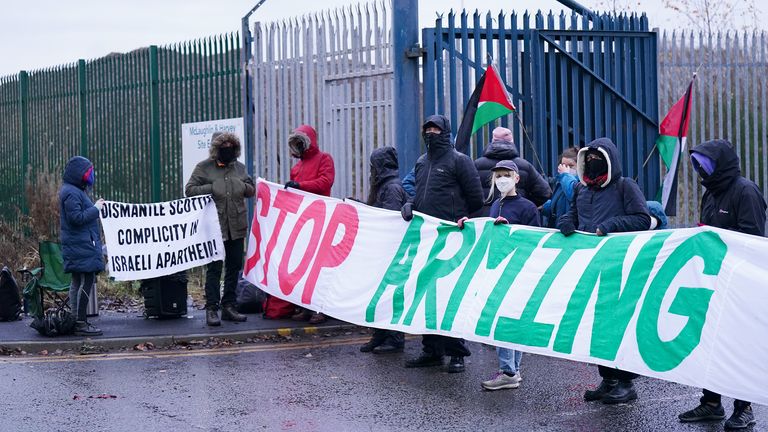 Protesters form a blockade outside BAE Systems in Govan near Glasgow, as part of the ongoing campaign against sending arms to Israel. Picture date: Thursday December 7, 2023. PA Photo. See PA story POLITICS Israel. Photo credit should read: Jane Barlow/PA Wire