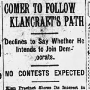 "Comer to follow Klan-craft's path" newspaper clipping