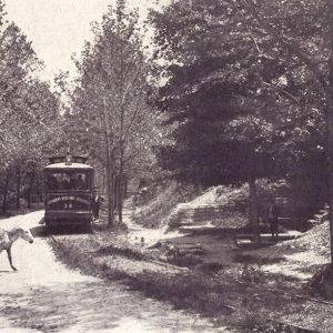 Man on horseback crossing in front of trolley car on tree-lined street with man standing under trees on the other side