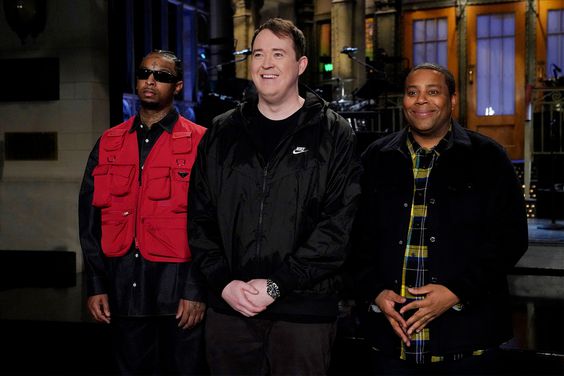 SATURDAY NIGHT LIVE -- Episode 1856 -- Pictured: (l-r) Musical guest 21 Savage, host Shane Gillis, and Kenan Thompson during Promos in Studio 8H on Thursday, February 22, 2024