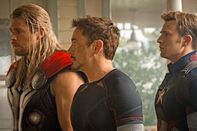 Chris Hemsworth, Robert Downey Jr., and Chris Evans in Avengers: Age of Ultron
