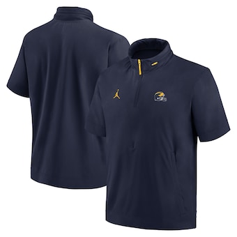 Michigan Wolverines Jordan Brand 2024 Sideline Coach Short Sleeve Half-Zip Hoodie Jacket - Navy