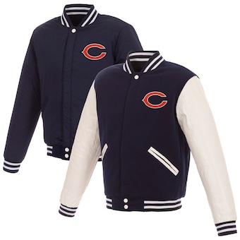 Chicago Bears JH Design Reversible Fleece Full-Snap Jacket with Faux Leather Sleeves - Navy/White
