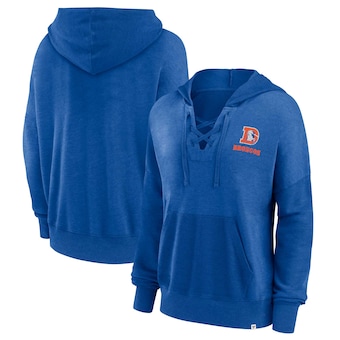 Denver Broncos Fanatics Women's Heritage Snow Wash French Terry Lace-Up Pullover Hoodie - Royal