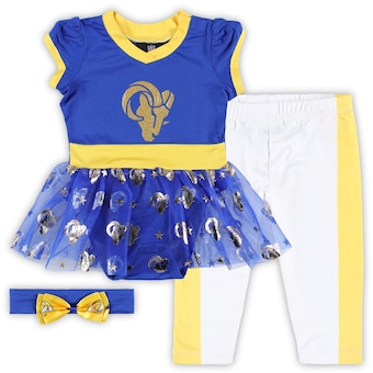 Los Angeles Rams Girls Infant Tailgate Game Day Bodysuit with Tutu, Headband & Leggings Cheerleader Set - Royal