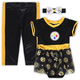 Pittsburgh Steelers Girls Infant Tailgate Game Day Bodysuit with Tutu, Headband & Leggings Cheerleader Set - Black