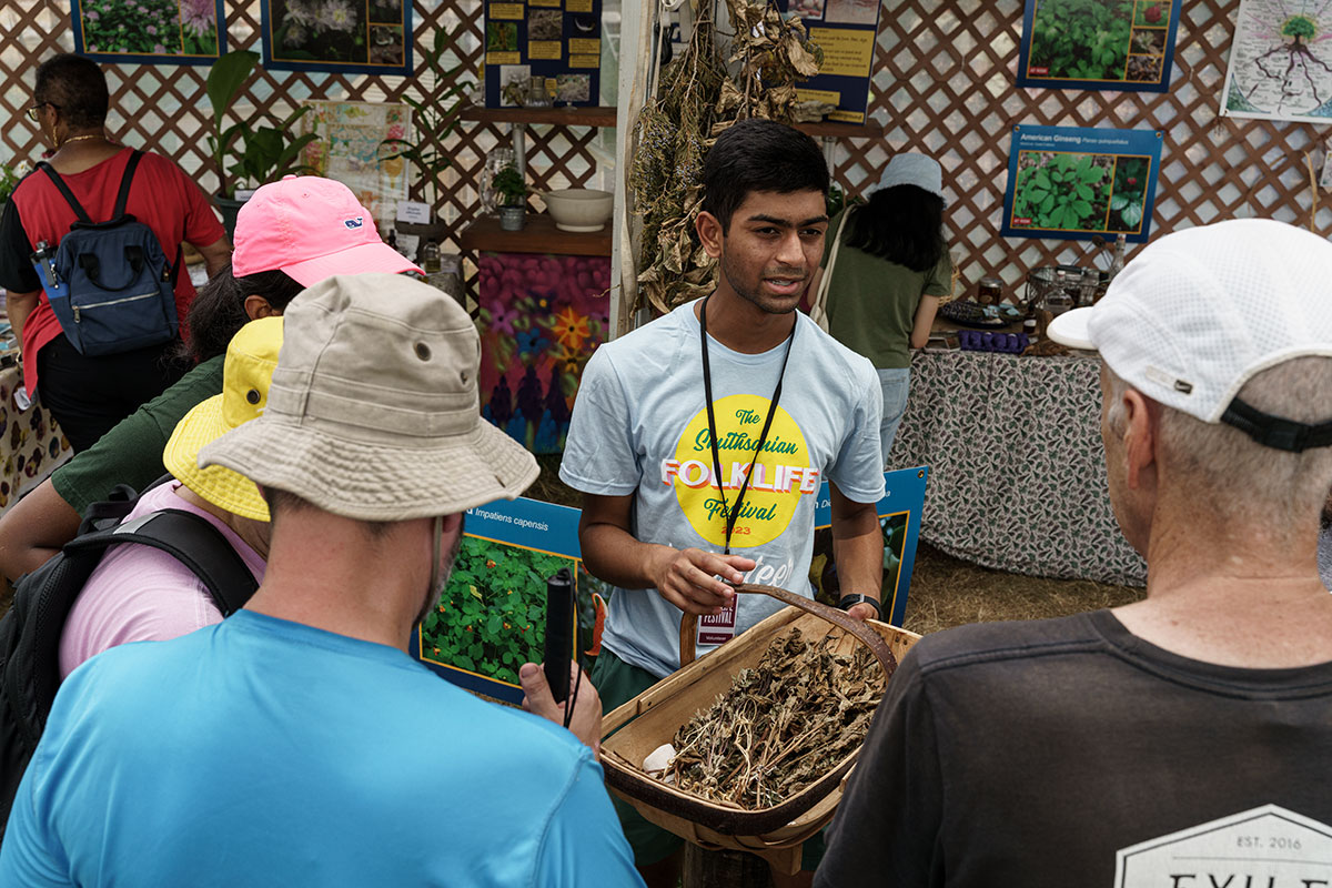 A person wearing a pale blue Festival Volunteer T-shirt holds a basket of dried herbs for a small crowd of visitors.