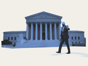 A photo illustration of Joe Biden in front of the Supreme Court