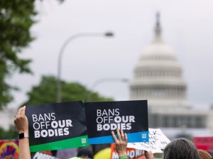 Signs in support of abortion rights are held in front of the US Capitol