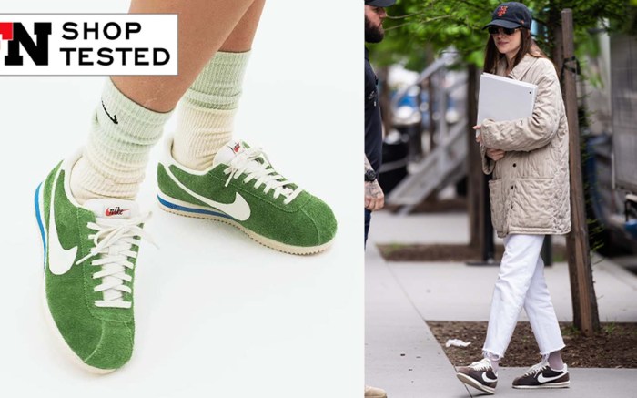 model wearing crew socks and green nike sneakers; Dakota Johnson wearing brown Nike sneakers in NYC